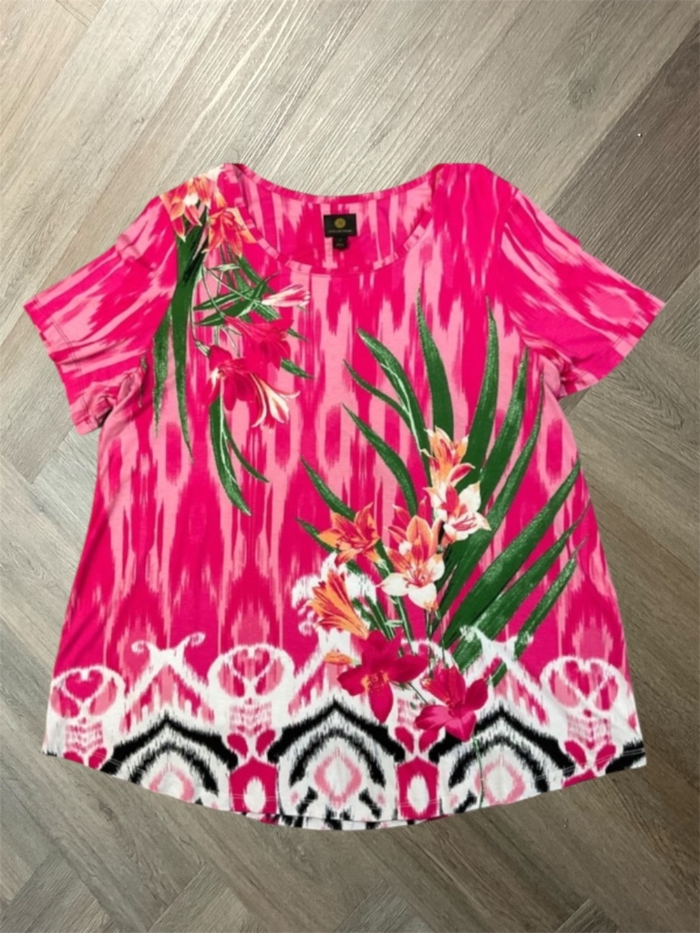 JM Collection Womens 1X Floral Top Pink Short Sleeve Blouse Tropical Print Plus‎